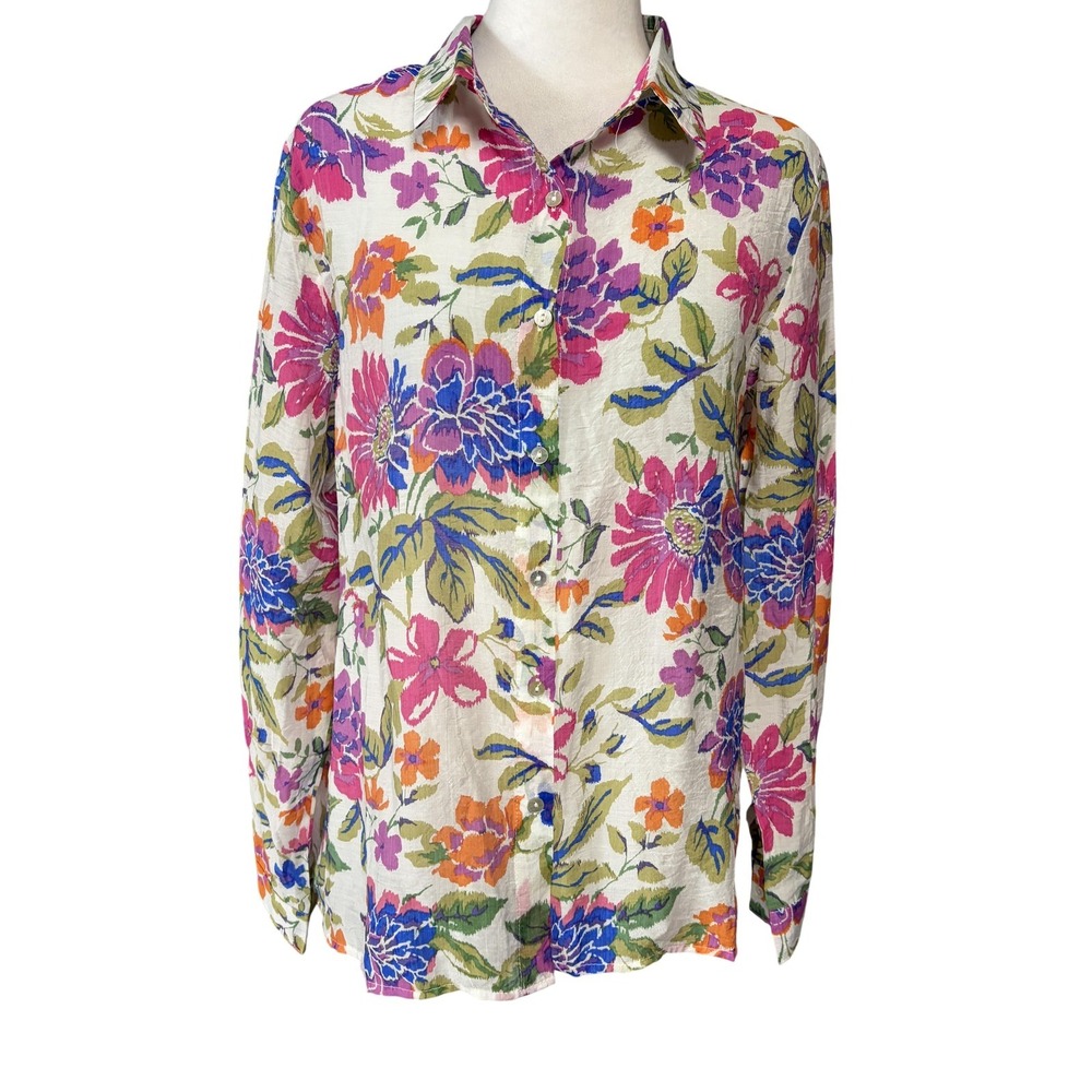 Easy Clothes Blouse Womens S Multicolor Floral Silk Long Sleeve Button Up Top